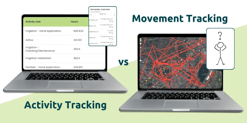 Comparison graphic showing activity tracking reports on a laptop versus GPS-style movement tracking on another laptop