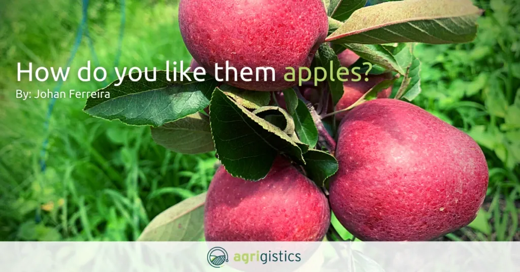 Close-up of red apples on a tree with blog title text about apples