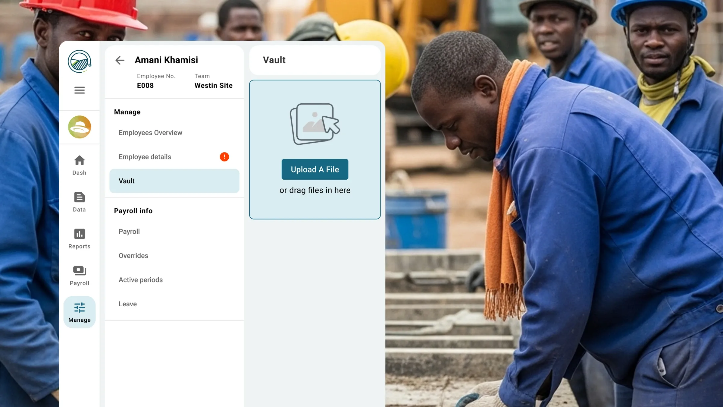 Construction workers on site with AllWage HR vault document management interface overlay