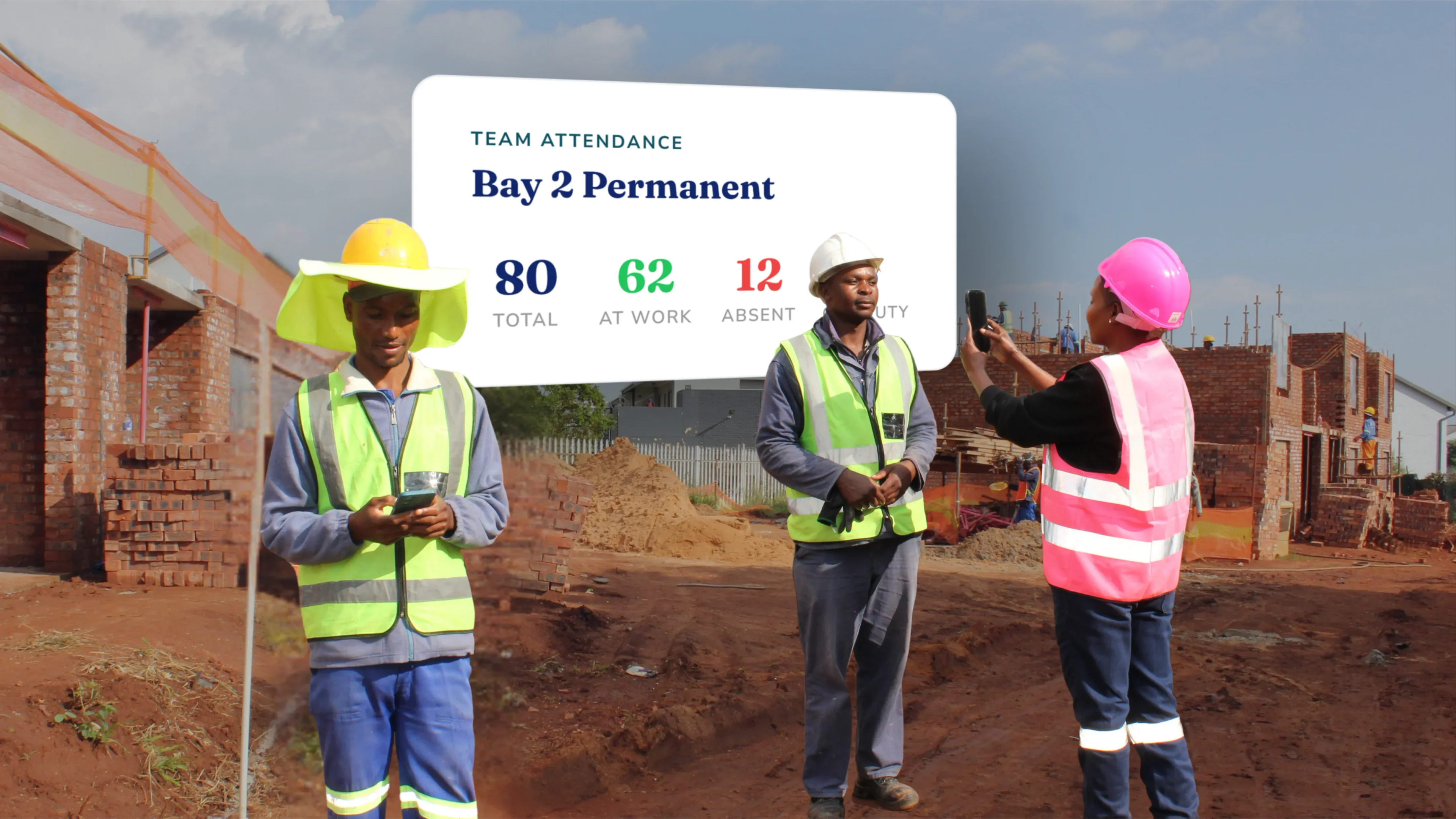 Construction workers on site with hard hats and hi-vis vests, overlaid with a team attendance summary showing total, at work and absent counts.