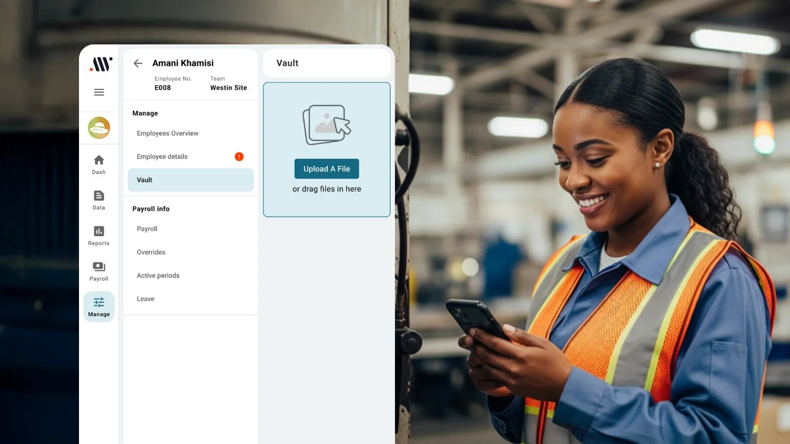 Worker in high-visibility vest using a phone beside an AllWage document management interface with vault upload screen.