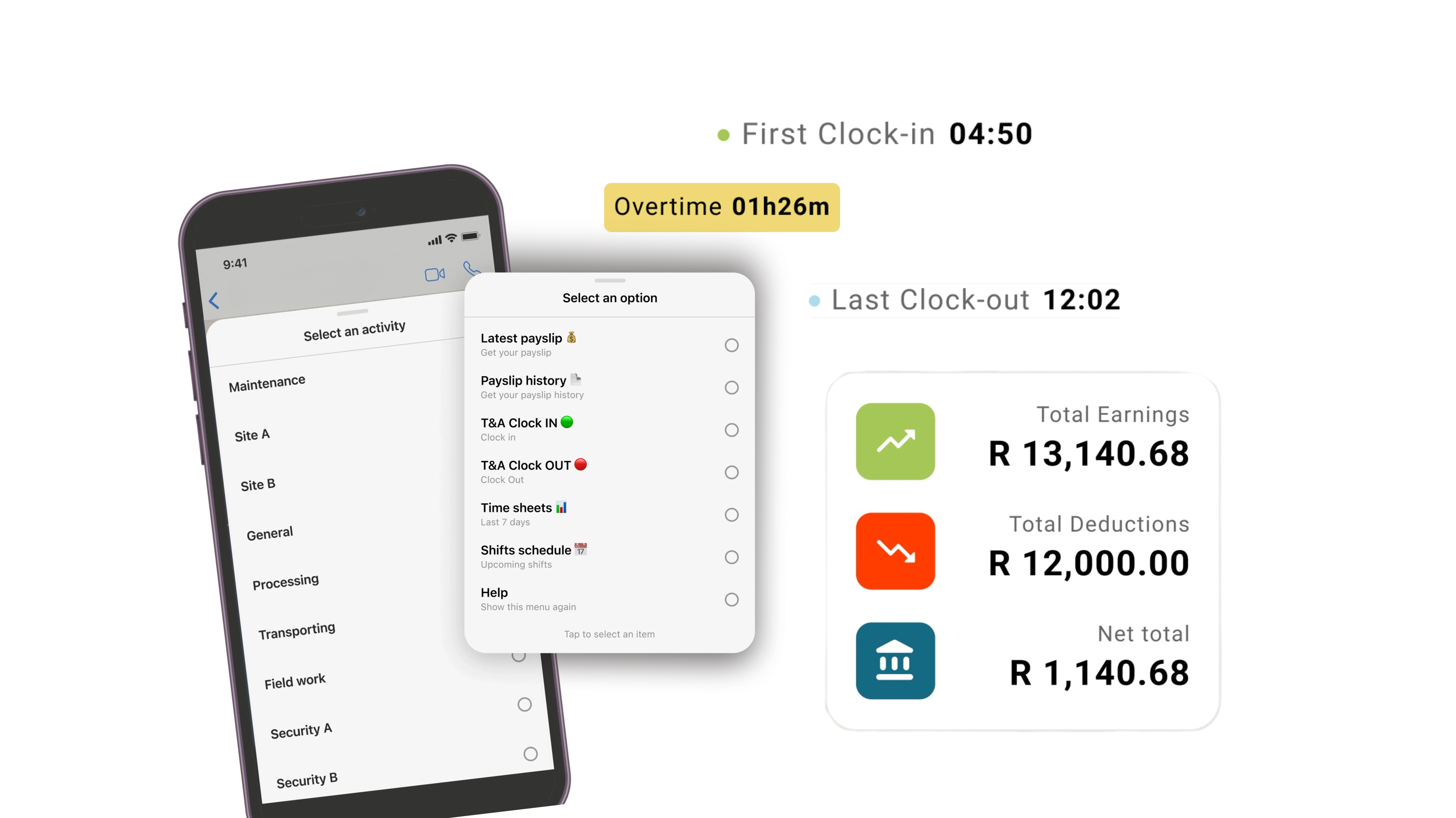 AllWage mobile app employee information screen with clock-in, clock-out, overtime, earnings, deductions, and net income cards on a dark background