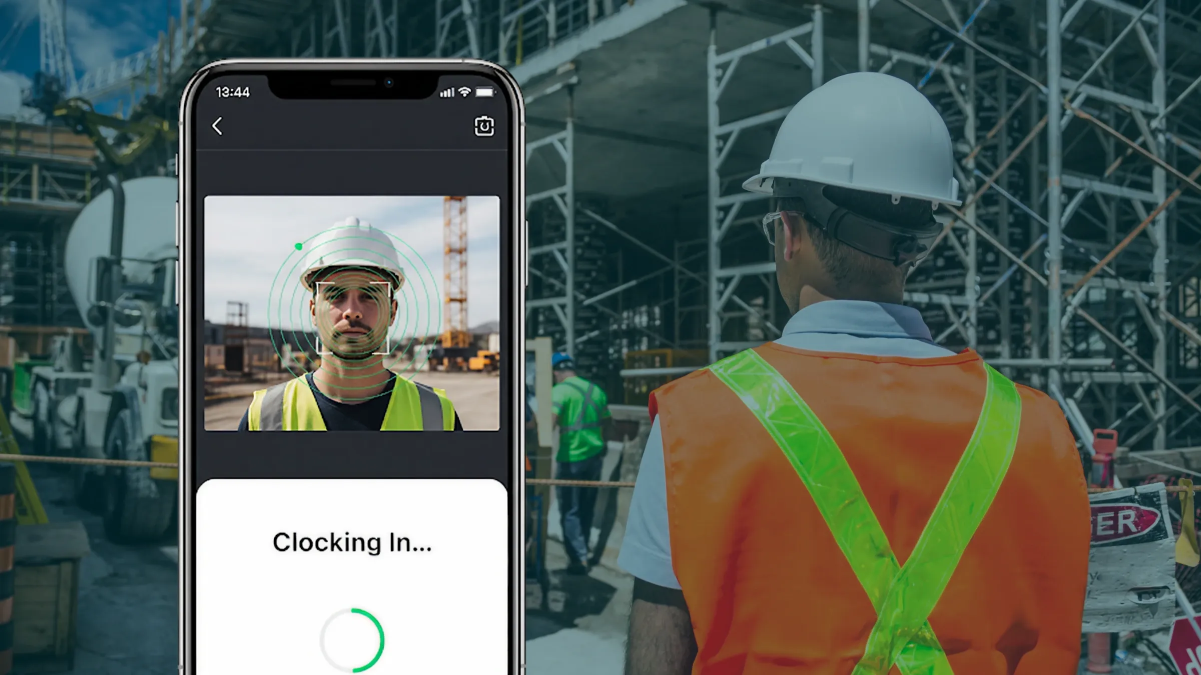 Mobile facial recognition clocking app shown on a phone at a construction site