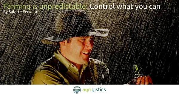 Farmer in heavy rain holding a young plant with headline Farming is unpredictable