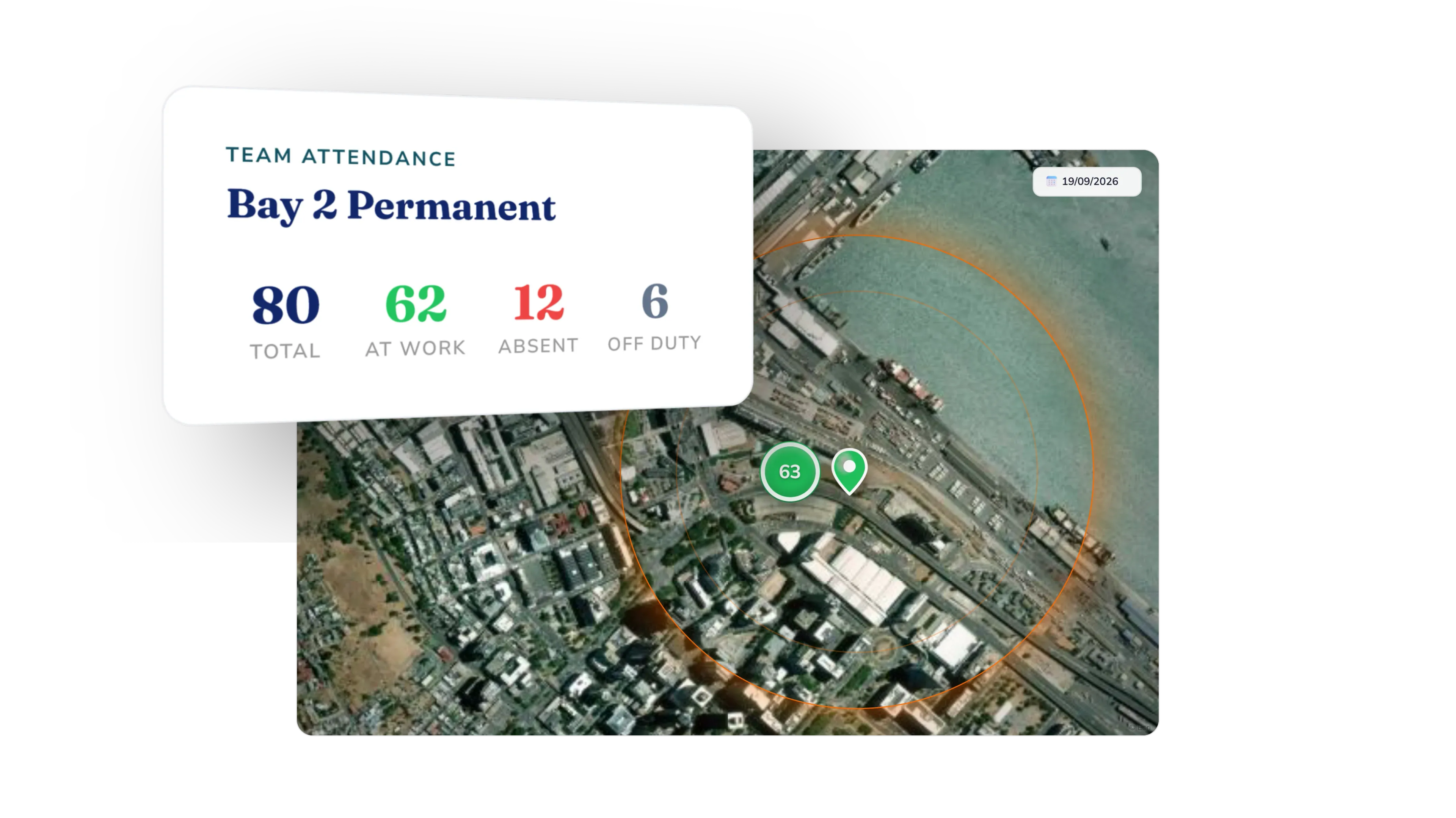 AllWage geolocation attendance dashboard showing team attendance counts over a satellite map with a location radius