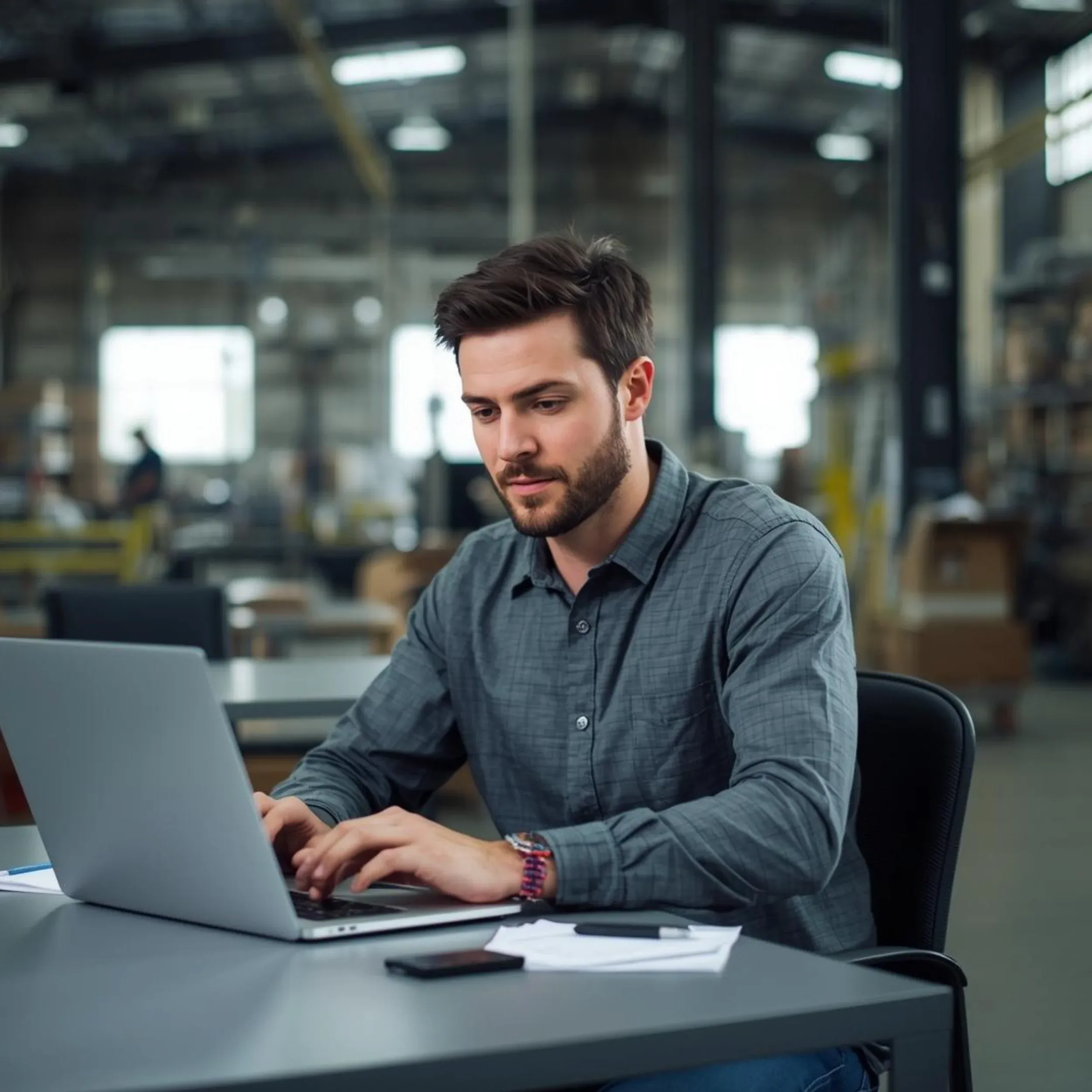 Manager working on a laptop at a desk inside a warehouse or manufacturing facility