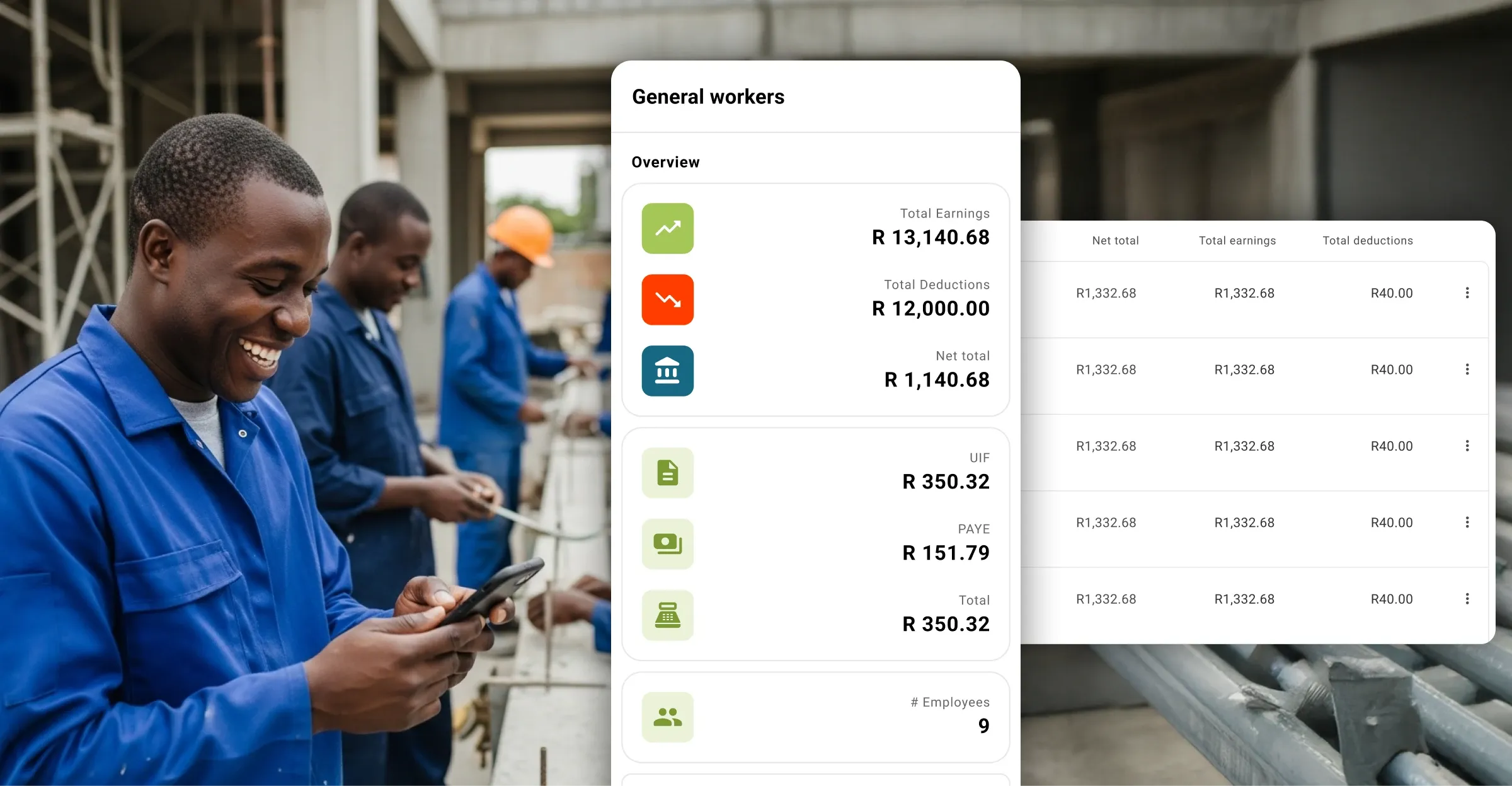 Smiling construction worker using a mobile device with AllWage payroll and worker-hours dashboard overlay