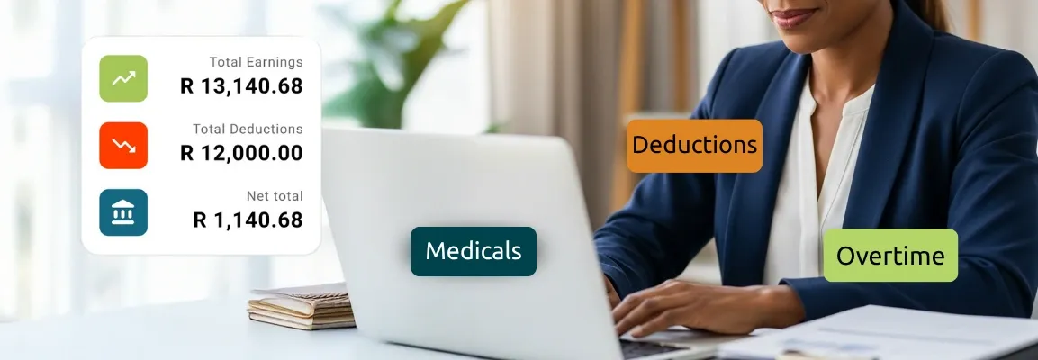 Payroll software banner showing earnings, fixed deductions, net total, medicals, deductions, and overtime labels beside an office worker using a laptop