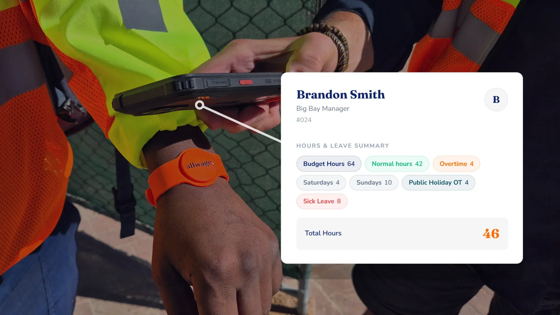 Worker using a rugged RFID clocking device with an employee hours and leave summary overlay