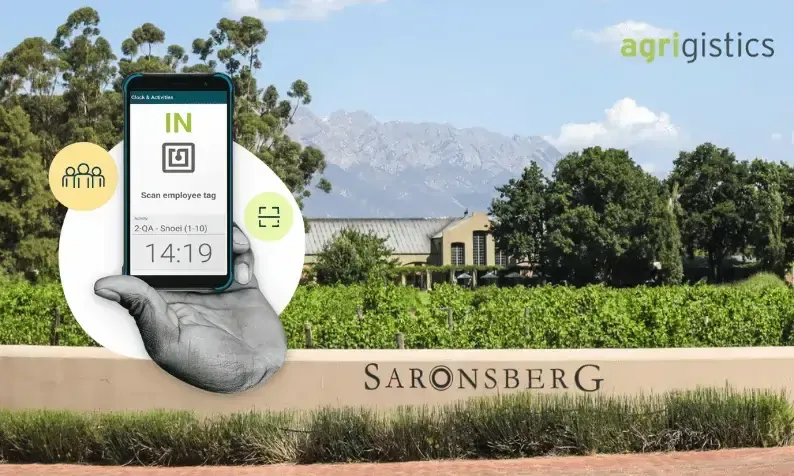 Saronsberg vineyard entrance with mobile RFID employee clock-in graphic and Agrigistics logo