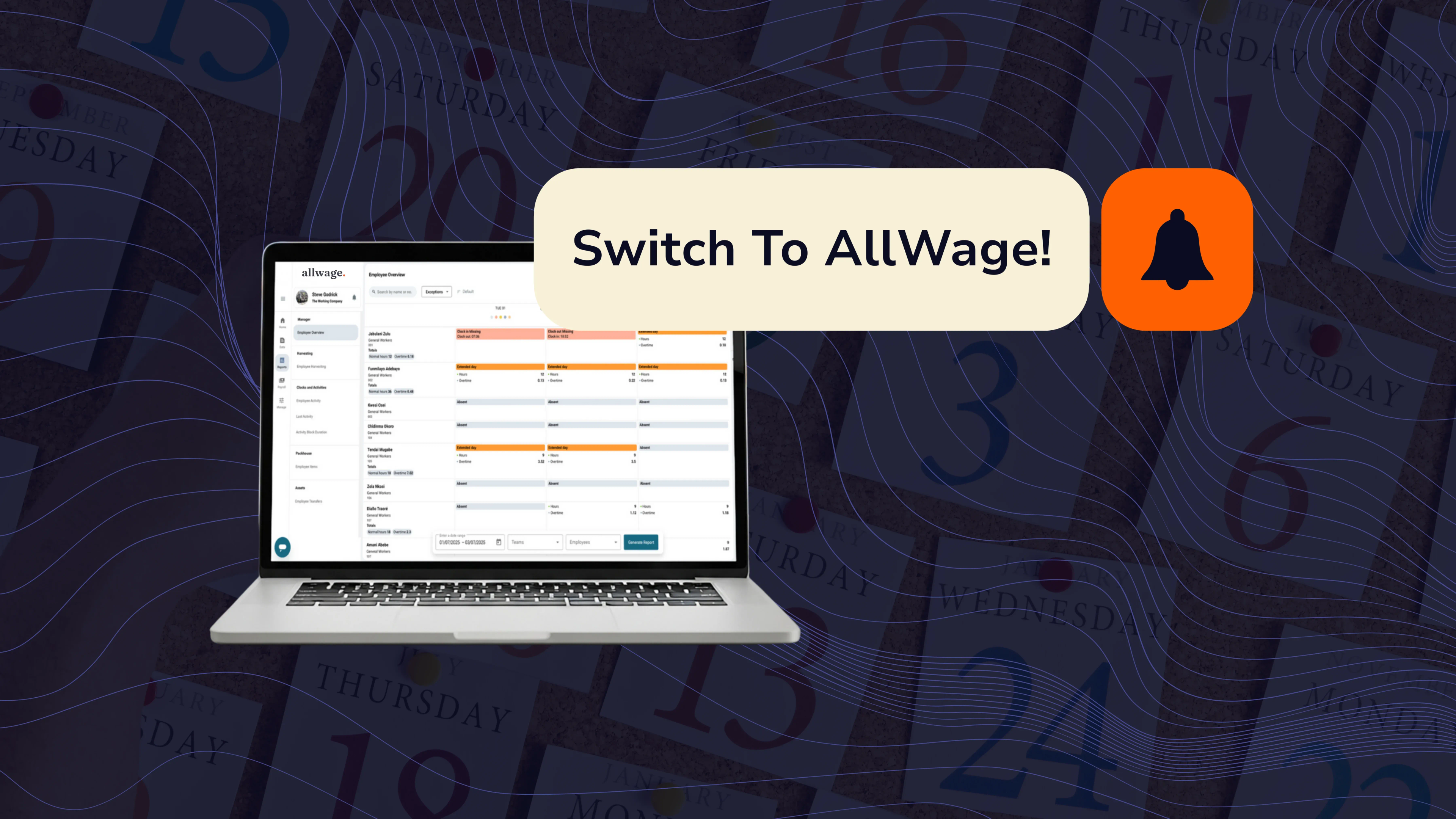 Laptop showing AllWage software UI with “Switch To AllWage!” message over a dark tax-year calendar background.