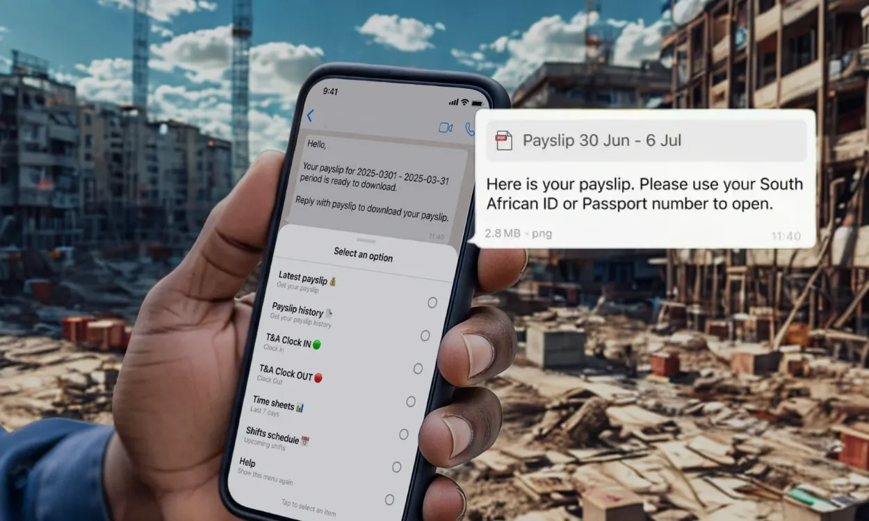 Worker holding a smartphone showing WhatsApp payslip download options, with a payslip message overlay on a construction site.
