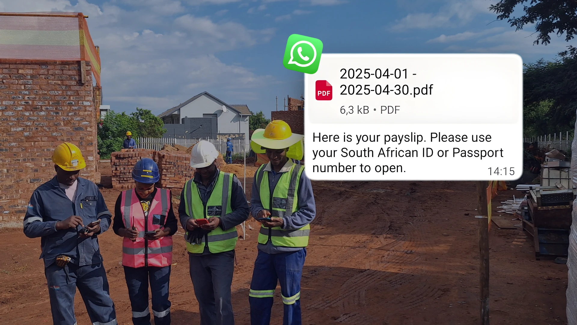 Construction workers in hard hats using phones with a WhatsApp message overlay showing a PDF payslip delivery.