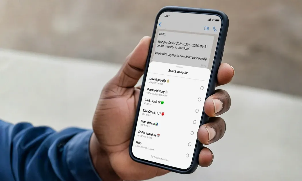 Hand holding a smartphone showing an Agrigistics WhatsApp self-service menu with payslip, leave, clock-in and clock-out options